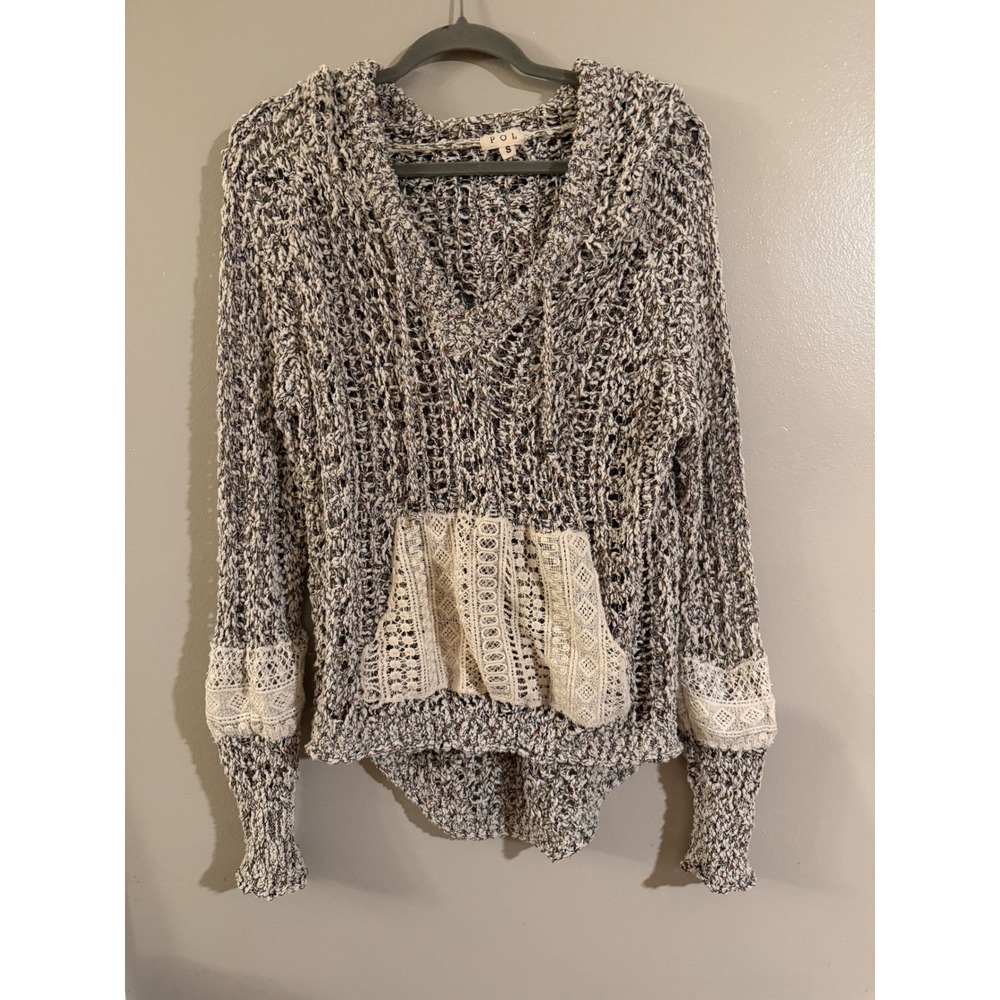 POL Women Charcoal White Marled Open Knit Crochet Lace Hoodie Sweater SMST52 S